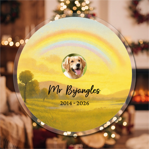 Personalized pet memorial round acrylic ornament with a rainbow-bridge scene and the pet's photo, engraved with the pet's name and dates