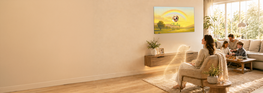 Living room with a family gathered around a coffee table, watching TV on a wall-mounted screen.