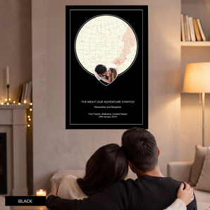 Custom photo star map print, a circular night sky with your photo set in a heart, unframed, dark background — personalized night sky charted by date and location