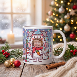Personalized rabbit photo mug on a cosy Christmas table — a real face on a cute cartoon bunny onesie, printed both sides