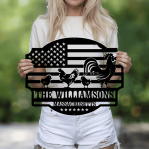 Poultry and American flag personalized metal sign - custom family name farm wall art