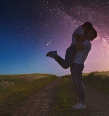 romantic couple embracing under starry night sky with shooting star custom metal sign background