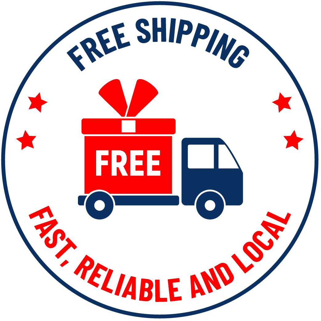 Free shipping badge with delivery truck and gift icon, labeled 'Fast, Reliable and Local' in red and blue with stars