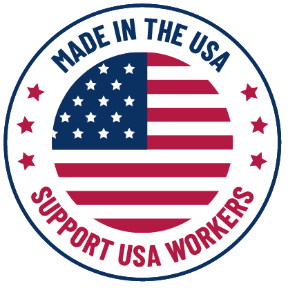 Made in the USA trust badge with American flag and support USA workers text.