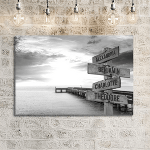 Personalized coastal pier family signpost canvas with custom family names and locations