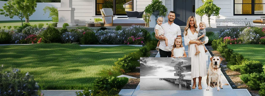 Personalized family signpost canvas wall art with custom names, black and white pier background, displayed by happy family in front yard