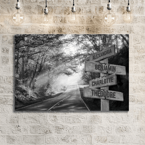 Personalized black and white forest road family signpost canvas with custom family names and locations