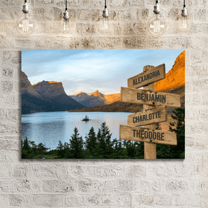 Personalized mountain lake sunset family signpost canvas with custom family names and locations