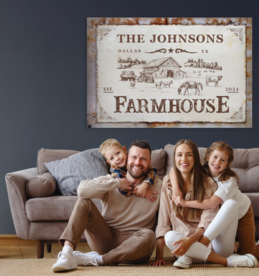 personalized farmhouse metal sign with family name hanging on living room wall above sofa with smiling parents and children
