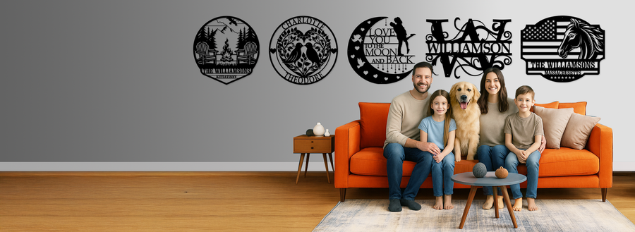 Set of personalized metal wall signs with custom family name designs, including farmhouse, monogram, moon quote, and patriotic styles for home decor