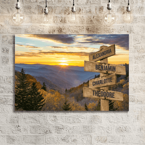 Personalized mountain sunset family signpost canvas with custom family names and locations