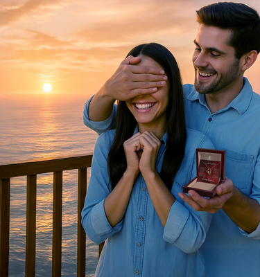 man surprising woman with romantic jewelry necklace gift at sunset by the ocean