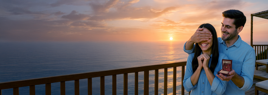 Man proposing at sunset on oceanfront deck holding gift box while surprising woman from behind