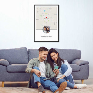 Framed personalized Where We Met map with your photo in a circle over a custom location print